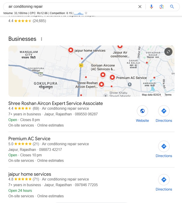 Here is an example of Search Results of HVAC Business Listings